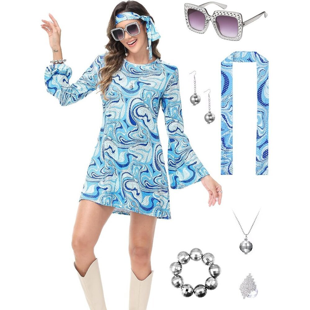 70s Disco Costume For Women 7 Pcs Includes Dress Necklace Earrings Sunglasses